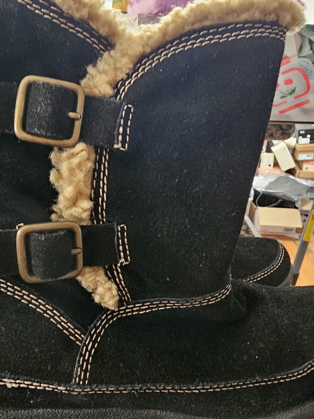 Easy Spirit Black Suede-Look Ankle Boots with Tan Faux-Shearling Trim